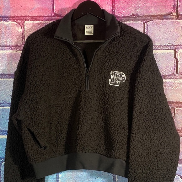 PINK Victoria’s Secret Black Sherpa Quarter-Zip Pullover Women’s S/P Fleece Crop - Picture 2 of 9